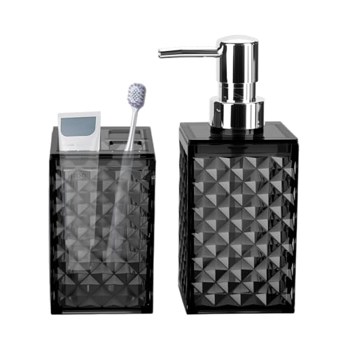 Bathroom Accessories Set 2 PCS, Black Soap Dispenser and Toothbrush Holder | Diamond Pattern Bathroom Set for Boho Bathroom Decor - color: Black