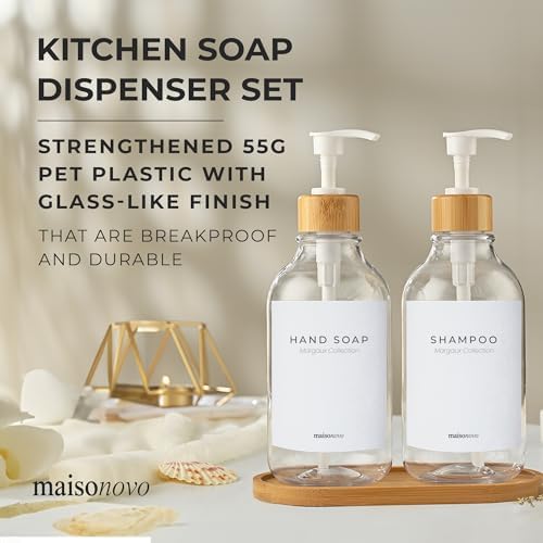 MaisoNovo Hand and Dish Soap Dispenser for Kitchen Set of 2-16.9oz Clear Dish and Hand Soap Dispenser Set for Kitchen - Clear Plastic Bottles x 2 with White Bamboo Pumps & Tray - color: Plastic Clear Bottles/White Bamboo Pumps