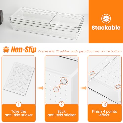 12 Pack Clear Plastic Drawer Organizer Set, Acrylic Non Slip Non Cracking Kitchen Drawer Storage Tray Large Size Divider, Multifunctional Storage for Cosmetics, Bathroom, Tools, Kitchen and Office - size: 12 PACK