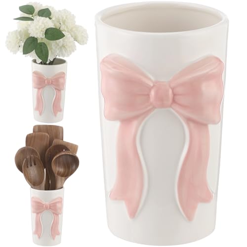 Pink Bow Ceramic Organizer 3.9x6.5in, Multi-Purpose Kitchen Utensil Holder | Charming 3D bow ornament, versatile storage for cookware, makeup brushes, stationery and mini flower bouquets