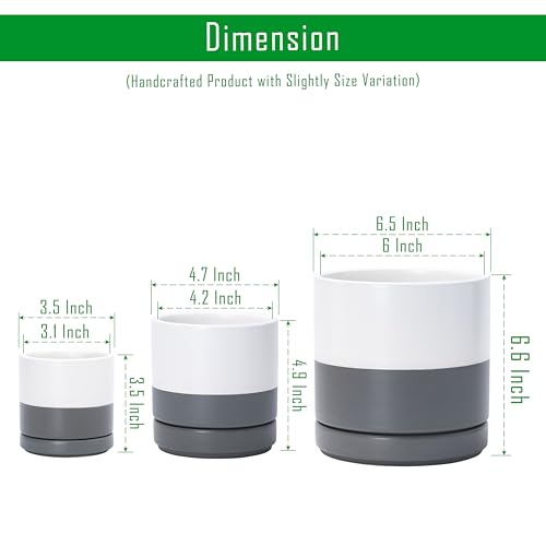 D'vine Dev 3-Pack Ceramic Pots with Saucers, 3/4/6 in, White/Grey, 94-T-S-6 | Glazed Ceramic, Drainage Hole, Perfect-Fit Saucer, Sleek Cylinder Shape, High Temperature Fired, Elegant Home Accent - color: White/Speckled Grey, size: 3"+4"+6"