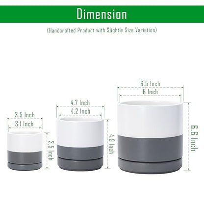 D'vine Dev 3-Pack Ceramic Pots with Saucers, 3/4/6 in, White/Grey, 94-T-S-6 | Glazed Ceramic, Drainage Hole, Perfect-Fit Saucer, Sleek Cylinder Shape, High Temperature Fired, Elegant Home Accent - color: White/Speckled Grey, size: 3"+4"+6"