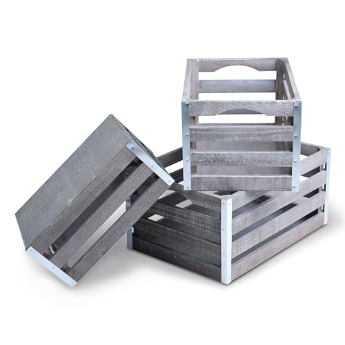 wald imports - Set of 3 Rustic Distressed Wooden Crates for Storage - Decorative Wooden Crate Set for Home Decoration & Display - Vintage Storage for Household Goods - color: Gray Distressed