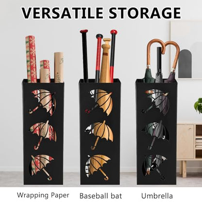 Metal Umbrella Holder Square Umbrella Stand Rack for Entryway Freestanding Rain Collection Umbrella Organizer Heavy Canes Walking Sticks Stand Rack for Indoor Home Office, 6.4" x 6.4" x 16.3", Black