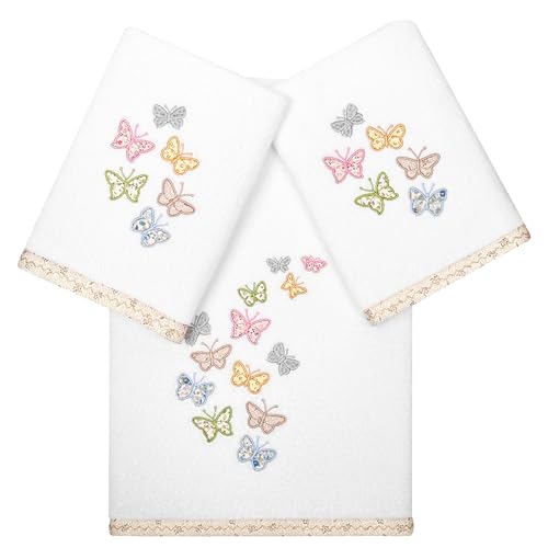 Frolic 3-Piece Towel Set, Exquisite Embroidered Butterflies, 100% Turkish Cotton, Ultra Absorbent, Cottage Decor, 1 Bath 2 Hand Towels, White - color: White, size: 1 Pc Bath 2 Pcs Hand Towel