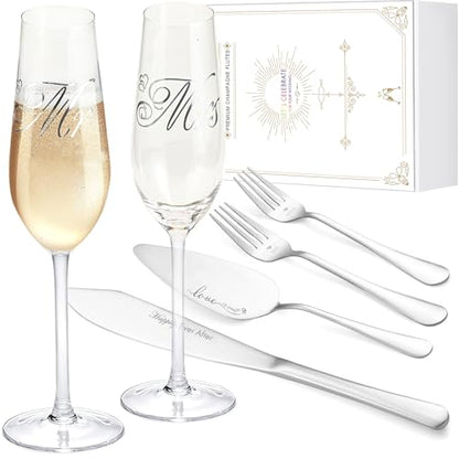 Wedding Cake Cutting Set, Champagne Flutes Wedding Registry Must Haves | Cake Cutting Set for Wedding, Wedding Cake Knife and Server Set & Mr and Mrs Champagne Flutes for Bridal Showr Gifts - color: MR & MRS Silver