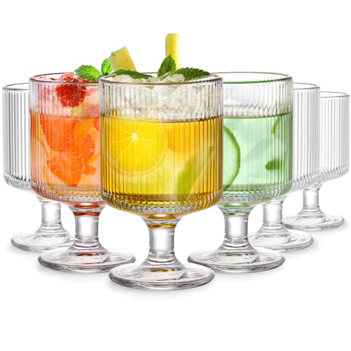 DEAYOU Set of 6 Ribbed Vintage Wine Glasses, 8 oz Clear Interlocking Ribbed Water Goblet Glasses, Unique Short Stem Cocktail Glasses for Iced Tea, Juice, Whiskey, Beer, Dessert, Party