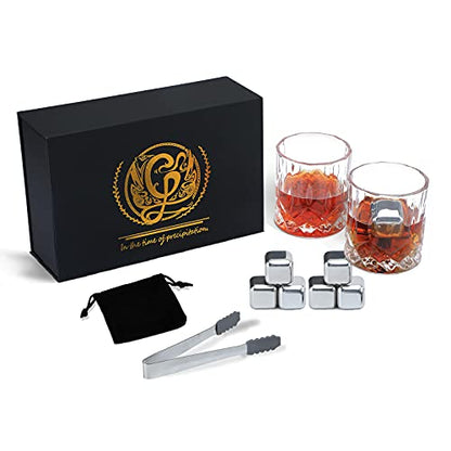 Old Fashioned Whiskey Glasses with Luxury Box - Set of 2 Whiskey Glass with Stones Whiskey for Men