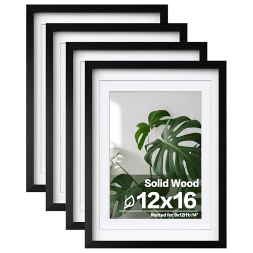 Egofine 12x16 Picture Frames 4PCS Covered by Plexiglass, Made of Solid Wood, Display Pictures 9x12/11x14 with Mat or 12x16 Without Mat for Wall Mounting, Black with Texture - color: Black with Texture, size: 12x16
