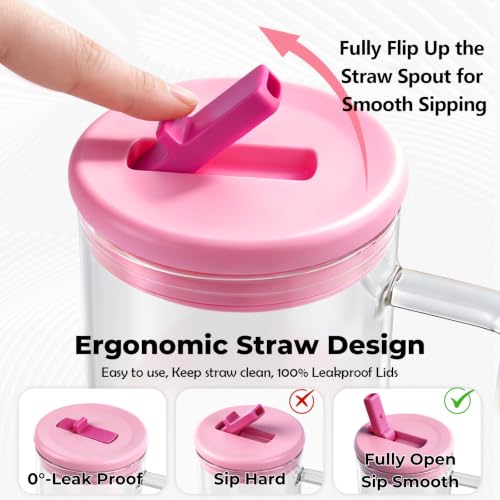 40oz Glass Tumbler with Flip Straw Lid, Handle, Silicone Sleeve, Pink | Leakproof Lid, Fits Car Cup Holder Glass for Iced Coffee, Water, Cold Drinks, Travel, Outdoor, Partys&Home - color: Pink