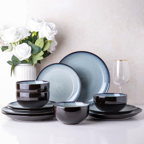 LERATIO Ceramic Dinnerware Sets for 4,12Pcs Stoneware Plates and Bowls Set | Handmade Reactive Glaze Ceramic Dishes Set,Oven & Microwave,Dishwasher Safe,Scratch Resistant - color: Dreamy Moonlight-Gray White, size: Service for 4-12pcs