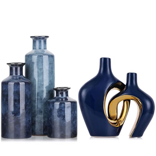 Ceramic Vases Set - Small Blue Vases for Farmhouse, Living Room, Table and Fireplace Decor