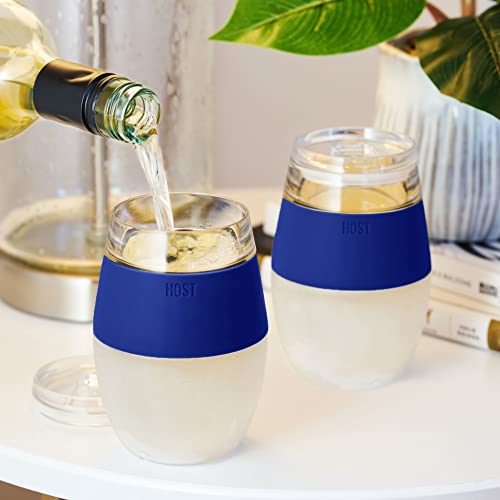 Host Cooling Wine Freeze Cup with Lid, Set of 2 Plastic Double Wall Insulated Tumbler Drink Cup with Freezing Gel for Red and White Wine, Blue - color: Blue With Lids