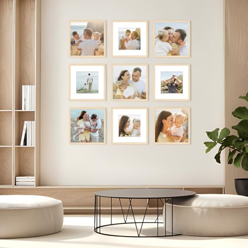 12x12 Picture Frame Set of 6, Display Pictures 8x8 with Mat or 12x12 Without Mat, Tabletop Display and Wall Hanging Photo Frame, Gallery Wall Frame Set, Natural - color: Natural, size: 12x12