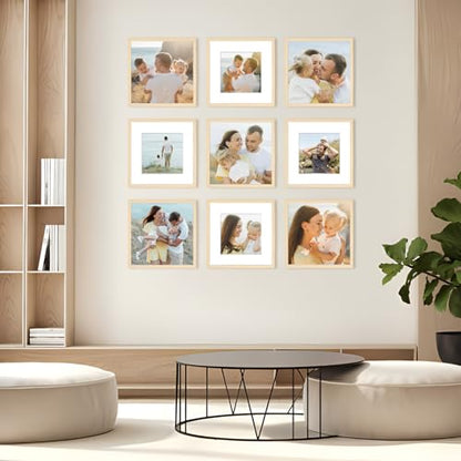 12x12 Picture Frame Set of 6, Display Pictures 8x8 with Mat or 12x12 Without Mat, Tabletop Display and Wall Hanging Photo Frame, Gallery Wall Frame Set, Natural - color: Natural, size: 12x12