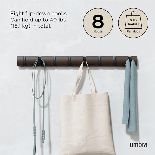 Umbra Flip Coat Rack, Wall Mount 8-Hook, Space Saving, Walnut/Black | Real wood and steel build, retractable hooks fold flat, holds coats bags and scarves, easy install - color: Walnut/Black, size: 8-Hook