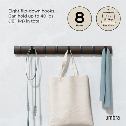 Umbra Flip Coat Rack, Wall Mount 8-Hook, Space Saving, Walnut/Black | Real wood and steel build, retractable hooks fold flat, holds coats bags and scarves, easy install - color: Walnut/Black, size: 8-Hook