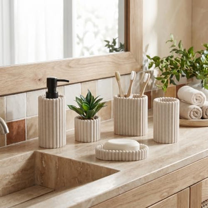 Bathroom Accessories Set,Sandstone Look Beige, Thick Stripe, 5 PCS | Modern, Minimalist, Included 13.5 OZ Soap Dispenser, Toothbrush Holder, Tumbler, Bar Soap Holder, Faux Potted Plant - color: Beige 5pcs