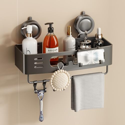Voldra Shower Caddy Suction Cup, Shower Shelves for Inside Shower No Drilling, Aluminum Suction Showers Organizer for Wall with Towel Bar & Hooks Removable Bathroom Storage Rack(1 Pack-Gray) - color: Grey-Rectangle, size: 1 Pack