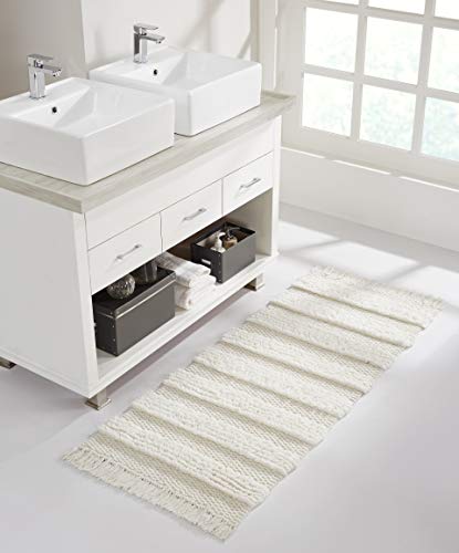 VCNY Home Boho Fringe Striped Rug Runner, White, 24 x 60 in, Savannah | Long Floor Mat for Bathroom, Bedroom, Hallway or Kitchen, Stylish & Chic Room Decor, Absorbent & Machine Washable - color: White