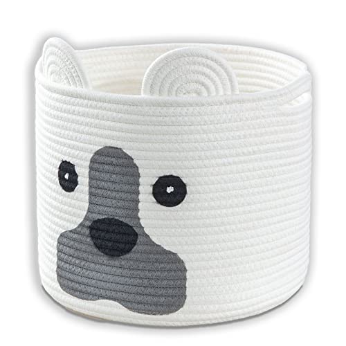 Medium Dog Woven Baskets with Handle, Dog Toy Hamper, Cotton Rope Dog Toy Storage Baskets for Pet, Animal Basket for Kids, Baby Gift Baskets for Dog Lovers, White - color: White