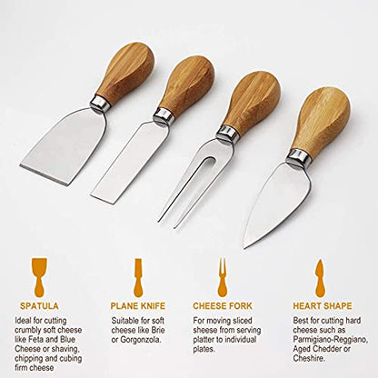 Widousy Bamboo Cheese Board Set, Cheese Tray, Charcuterie Board and Serving Meat Platter with 4 Stainless Steel Cheese Knives, Ideal for Wedding Gifts Christmas Birthday Party (14''x11'')