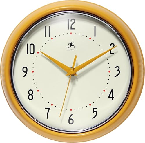 Infinity Instruments Retro 9 inch Silent Sweep Non-Ticking Mid Century Modern Kitchen Diner Wall Clock Quartz Movement Retro Wall Clock Decorative (Saffron Yellow) - color: Saffron Yellow, size: 9.5 Inch