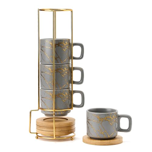 LUKA Porcelain Espresso Cup with Saucer and Metal Stand, 4 Ounce Stackable Ceramic Demitasse Espresso Mugs Cups Set for Latte, Specialty Coffee Drinks, Cafe Mocha,Tea - Set of 4, Gray - color: Gray