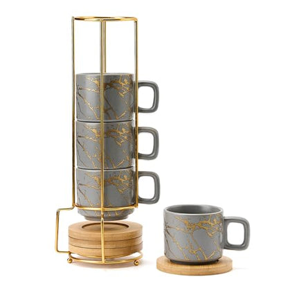 LUKA Porcelain Espresso Cup with Saucer and Metal Stand, 4 Ounce Stackable Ceramic Demitasse Espresso Mugs Cups Set for Latte, Specialty Coffee Drinks, Cafe Mocha,Tea - Set of 4, Gray - color: Gray