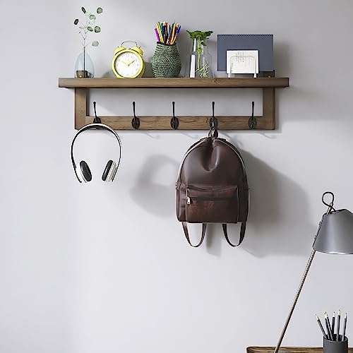 SMIBUY Coat Hooks with Shelf Wall-Mounted, 29.2 Inch Entryway Coat Rack for Wall, Bamboo Hanging Shelf with 5 Double Metal Hooks for Bathroom, Bedroom, Kitchen, Living Room, Mudroom (Walnut) - color: Walnut+Black