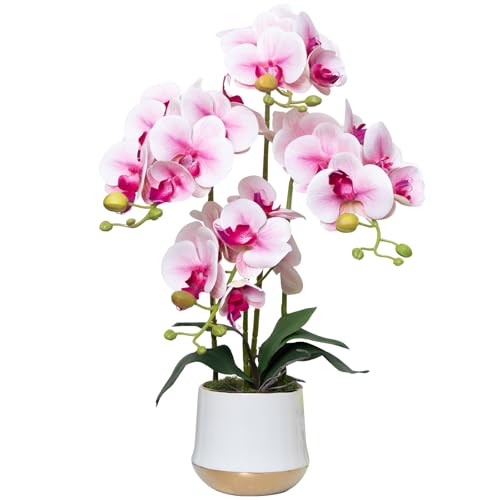 Artificial Orchid Flowers in Ceramic Vase 19.5 Inch Realistic Faux Orchids | Pink Fake Flower Silk Phalaenopsis Plant Arrangements for Home Office Restaurant Indoor Centerpiece Decor (Set of 4 Stems) - color: Pink, size: 14CM- WhiteGolden