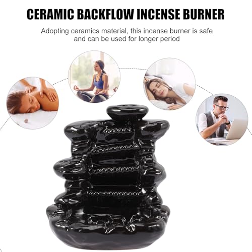 Cabilock Backflow Censer Burner Ceramic Incense Holder Waterfall Design Black Desktop Incense Ornament for Home Aromatherapy and Meditation