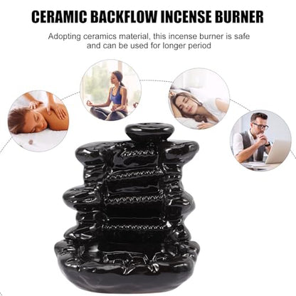 Cabilock Backflow Censer Burner Ceramic Incense Holder Waterfall Design Black Desktop Incense Ornament for Home Aromatherapy and Meditation