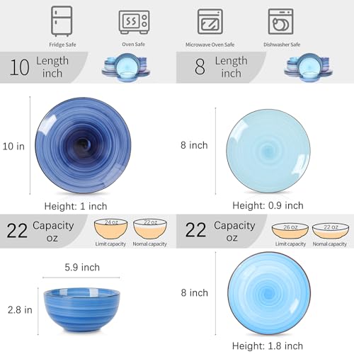Selamica Ceramic Plates and Bowls Set, 24 Pieces Dinnerware Sets for 6, Scratch Resistant Dishes Set, Handpainted Swirl with Spot Dishwasher & Microwave Safe, Gradient Blue - color: Gradient Blue, size: 24 Pieces