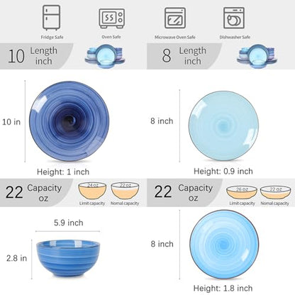 Selamica Ceramic Plates and Bowls Set, 24 Pieces Dinnerware Sets for 6, Scratch Resistant Dishes Set, Handpainted Swirl with Spot Dishwasher & Microwave Safe, Gradient Blue - color: Gradient Blue, size: 24 Pieces
