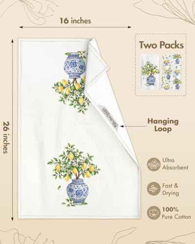 Flour Sack Kitchen Towels Set of 2, 18x26 Inch, Lemon Vase | 150GSM Cotton, Lint-Free, Quick Dry, Hanging Loop, Lightweight Tea Towels, French Home Decor, Chinoiserie, Housewarming Gift - color: Lemon Vase