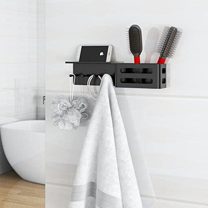 MKO Key Holder Wall Mount, Adhesive Key Hanger with 4 Hooks for Wall, Black | Metal Material, Key Rack with Shelf, Wall Mount, Mail Organizer Tray, Suitable for Entryway, Hallway, Living Room - color: Black with Shelf
