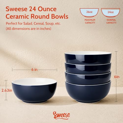 Sweese 24 oz Ceramic Cereal Bowl Set of 4, 6" Breakfast Bowl Stackable, Round Serving Bowl for Rice, Snack, Fruit and Everyday Meals, Navy Blue - color: Navy, size: 24 Ounce (Set of 4)