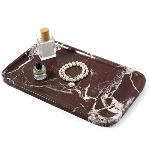 Karibiber Marble Vanity Tray, Large Stone Bathroom Tray for Countertop, 14'' Rose Red Genuine Marble Decorative Tray for Dresser, Green Kitchen Trays for Counter,Perfume Storage, Non-Resin/Ceramic - color: 14" Rose Red