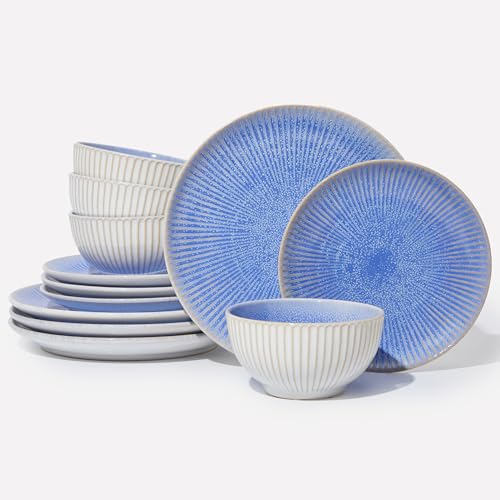 Ceramic Dinnerware Sets for 4, 12pcs Plates and Bowls Sets Dish Set | Stoneware Dishware sets, Microwave & Dishwasher Safe, Cereal Bowls and Dinner Plates Set, Stackable Dishes Set, Blue - color: Embossed Blue, size: Set (12pcs)