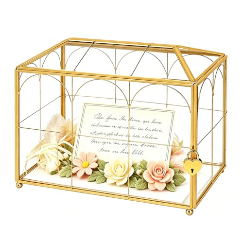 Wedding Glass Card Box with Slot, 10.2×6.1×7.9 Inch | Vintage Gold House Shaped Decorative Box, Clear Glass Keepsake Box for Wedding Cards, Letters, Anniversary and Home Decor - color: Golden 10.2" x 6.1" x 7.9"