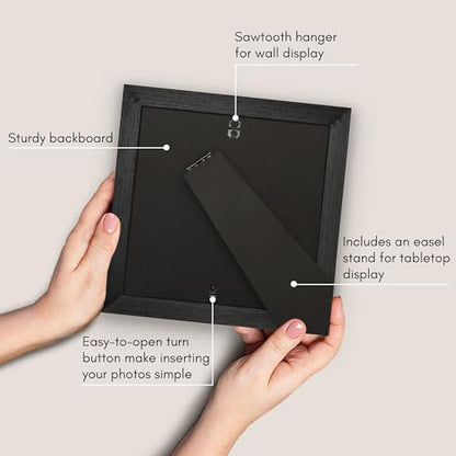 Americanflat 8x8 Picture Frame - Matted to 5x5 - Engineered Wood - Black | Shatter-resistant glass, wall or tabletop display with included easel, sawtooth hangers included, secure turn-tab backing - color: Black, size: 8x8