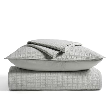 100% Cotton Modern Grid Stitch Quilt Set Queen Size, Drizzle Gray | Pre-Washed Cotton Coverlet Bedspread, Oversized Lightweight 3-Piece Bedding Set for All Season, with 2 Pillow Shams - color: Drizzle Gray, size: Full/Queen (96" X 94")