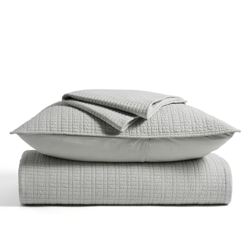 100% Cotton Modern Grid Stitch Quilt Set, King Size, Drizzle Gray | Pre-Washed Cotton Coverlet Bedspread, Oversized Lightweight 3-Piece Bedding Set for All Season, with 2 Pillow Shams - color: Drizzle Gray, size: King (110" X 94")