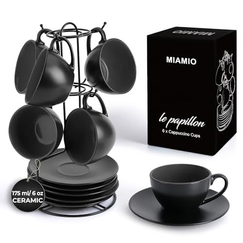 MIAMIO - Set of 6, Ceramic Stackable Cappuccino Cups Set / 6 Ounce Cappuccino Mugs and Saucer with Metal Stand for Coffee Drinks, Cafe, Latte, Americano and Tea - Le Papillon Collection (Black) - color: Black