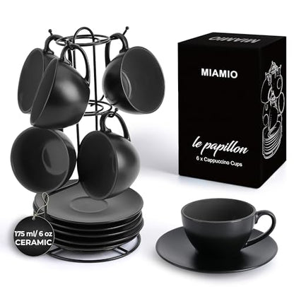 MIAMIO - Set of 6, Ceramic Stackable Cappuccino Cups Set / 6 Ounce Cappuccino Mugs and Saucer with Metal Stand for Coffee Drinks, Cafe, Latte, Americano and Tea - Le Papillon Collection (Black) - color: Black