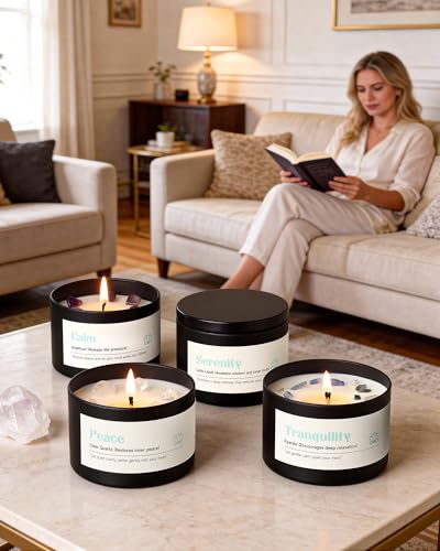 AOOVOO Crystal Calm Candles Set for Women - Soy Candle for Home Scented | 4 Pack 26 oz, 200 Hour Long Lasting Candle, Peace Clear Quartz/Tranquility Kyanite/Calm Amethyst/Serenity Lapis Lazuli - color: Calm Candles Set