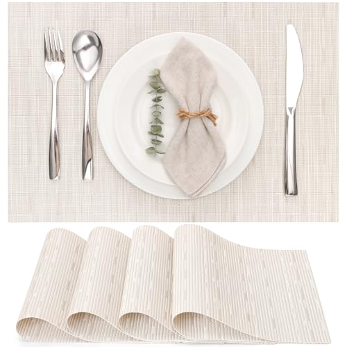 Myir JUN Placemats Set of 6 Kitchen and Dining Table Placemats | Vinyl Placemats Place Mats Indoor/Outdoor Set of 6 Washable Table Mats Non-Slip Place mats for Dining Table, Off White - color: B-off White, size: Set of 6