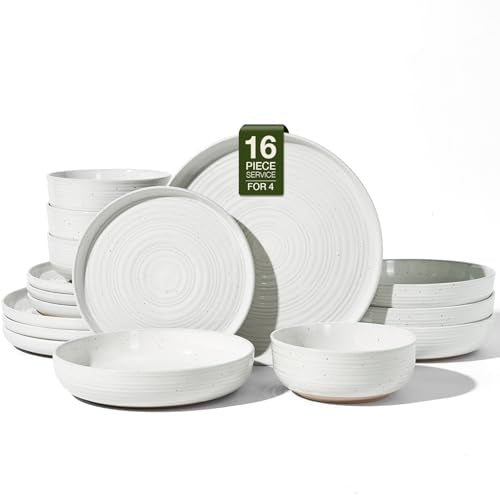 Stoneware Dinnerware Set with Pasta Bowls, Service for 4 | White, 16 pcs Ceramic Plates and Double Bowls, Speckled Spiral Dishes, Chip & Scratch Resistant, Microwave & Dishwasher Safe - color: White, size: Service for 4 (16pc) - Double Bowls