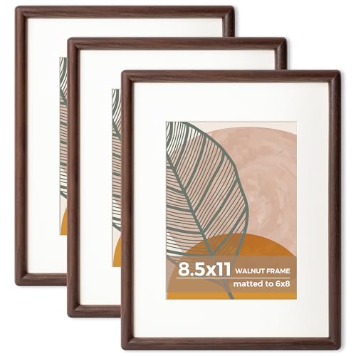 8.5x11 Walnut Frame Set of 3 - Rounded Corner 8.5 by 11 Picture Frame with Mat for 6x8 - Natural Walnut Wood 8.5x11 Frame for Diploma - color: Walnut, size: 8.5x11 - 3P